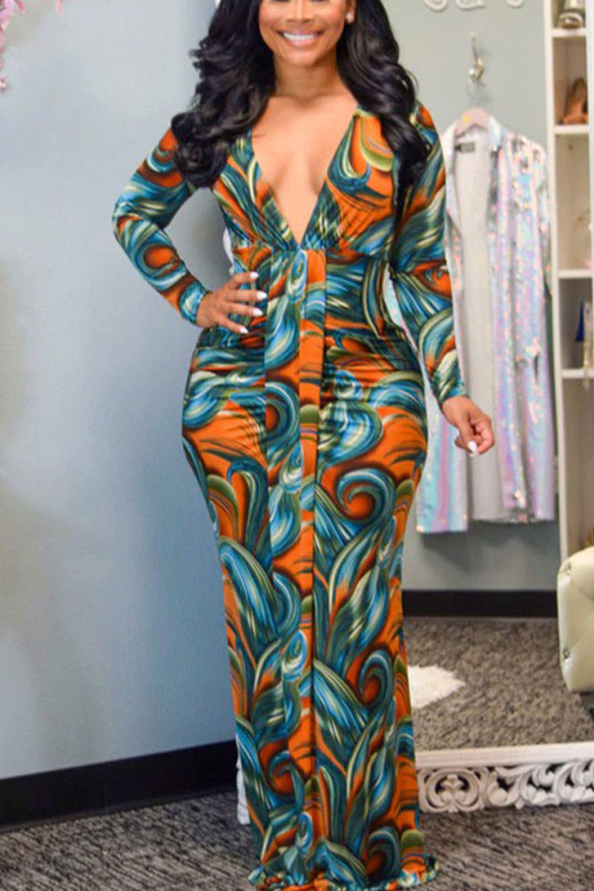 Sexy Print Fold V-Neck Long Sleeve Dress